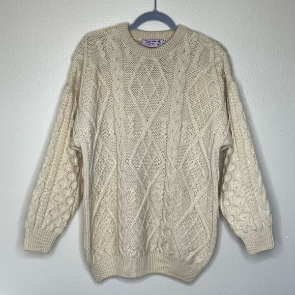 Vintage Highland Home 100% Wool Cream Cable Knit Fisherman Sweater Unisex Medium - Picture 12 of 13